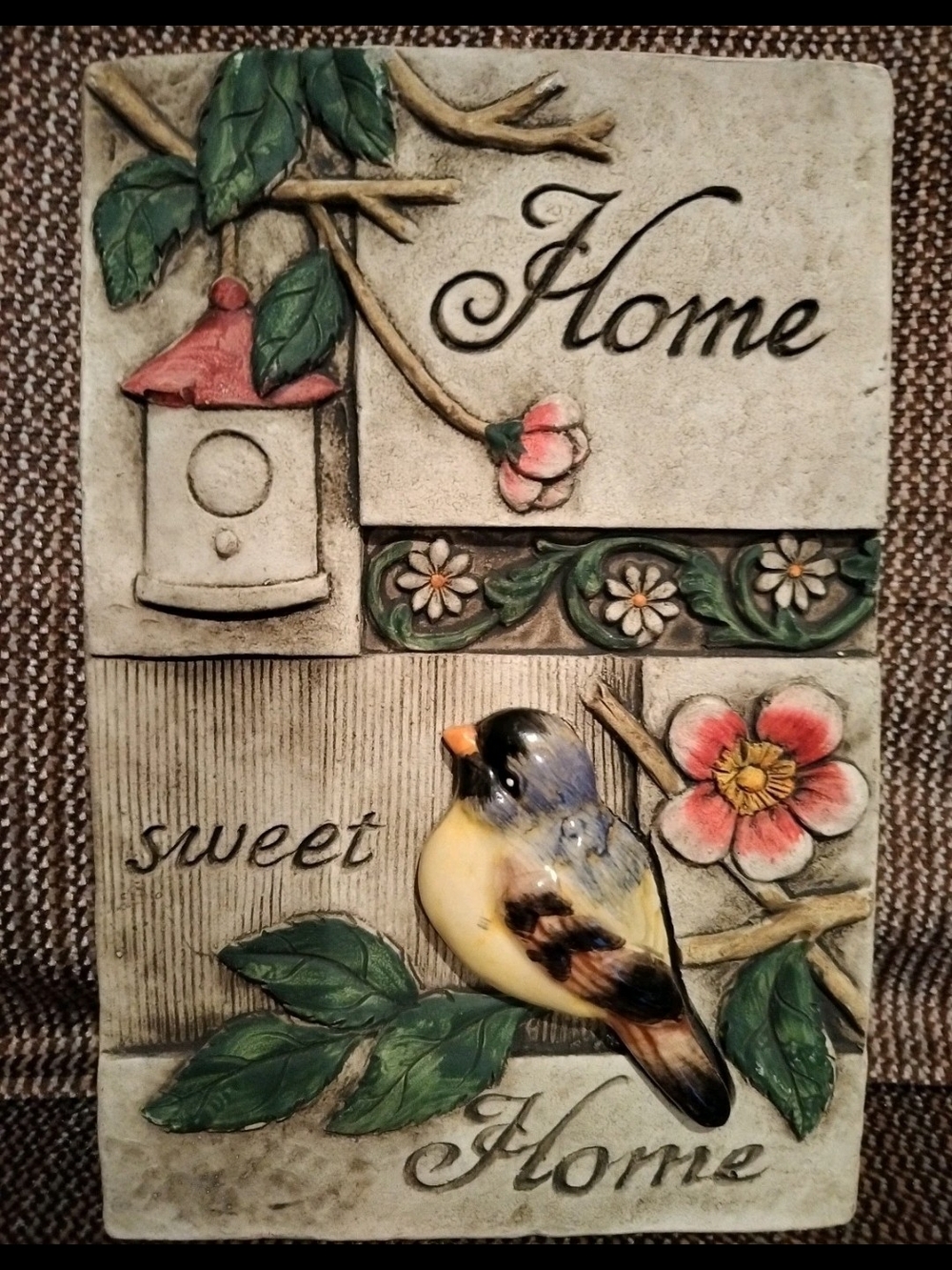 Vintage Chalkware Home Sweet Home Wall Plaque with Yellow Blue Bird